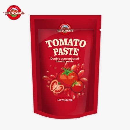 Túi đứng có chứa 80g Bột cà chua nồng độ gấp đôi được cung cấp với mức độ tinh khiết khác nhau từ 30% đến 100%