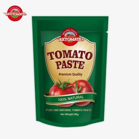 80g Stand-up pouch chứa paste cà chua nồng độ gấp đôi với mức độ tinh khiết từ 30% đến 100%