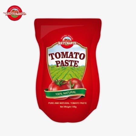 140g Stand-up sachet của paste cà chua chua ngọt, với độ tinh khiết dao động từ 22% đến 30%