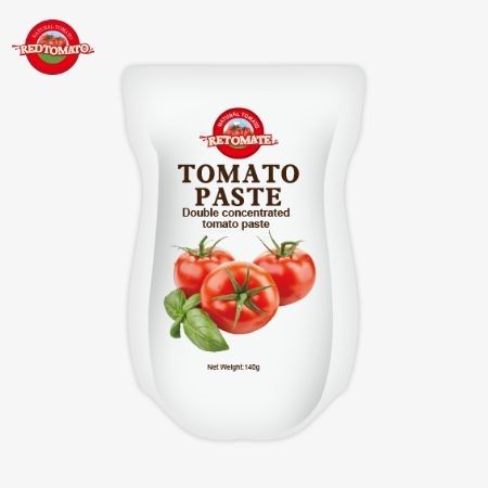 140g Stand-up sachet của paste cà chua chua ngọt, độ tinh khiết dao động từ 22% đến 30%
