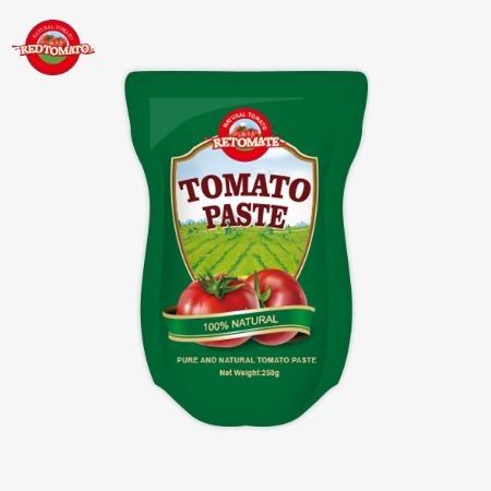 Các túi Stand-up chứa 250g của hương vị cà chua ngọt và vị ngọt với một phạm vi độ tinh khiết từ 30% đến 100%