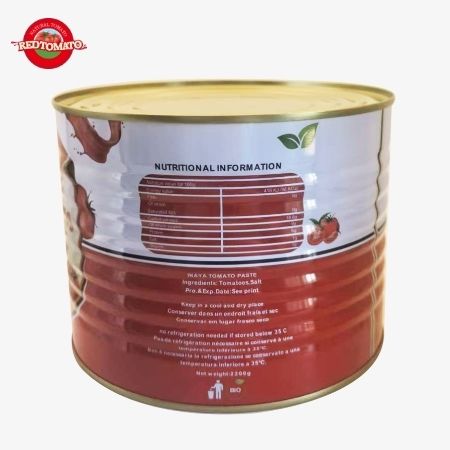 INAYA 2200g Sốt cà chua cô đặc đóng hộp với nắp cứng, cô đặc đến Brix 28–30% Có sẵn với Dịch vụ Thiết kế Bao bì.