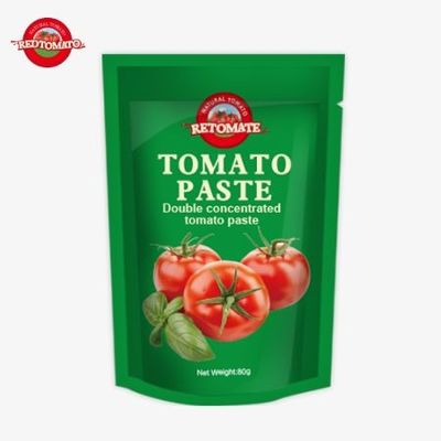 80g Stand-up pouch of Double-concentrated Tomato Paste có sẵn với mức độ tinh khiết từ 30% đến 100%